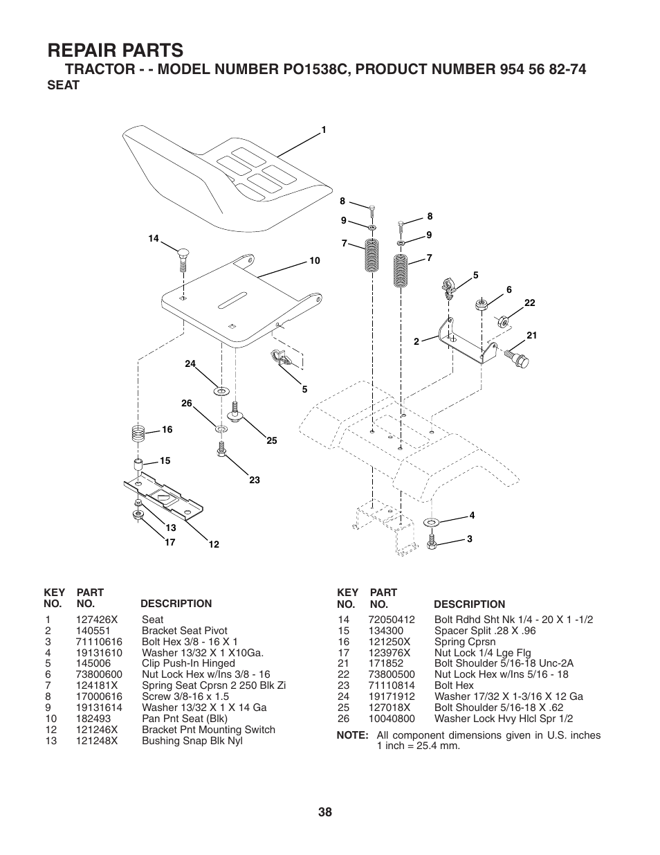 Repair parts, Seat | Poulan 183981 User Manual | Page 38 / 48