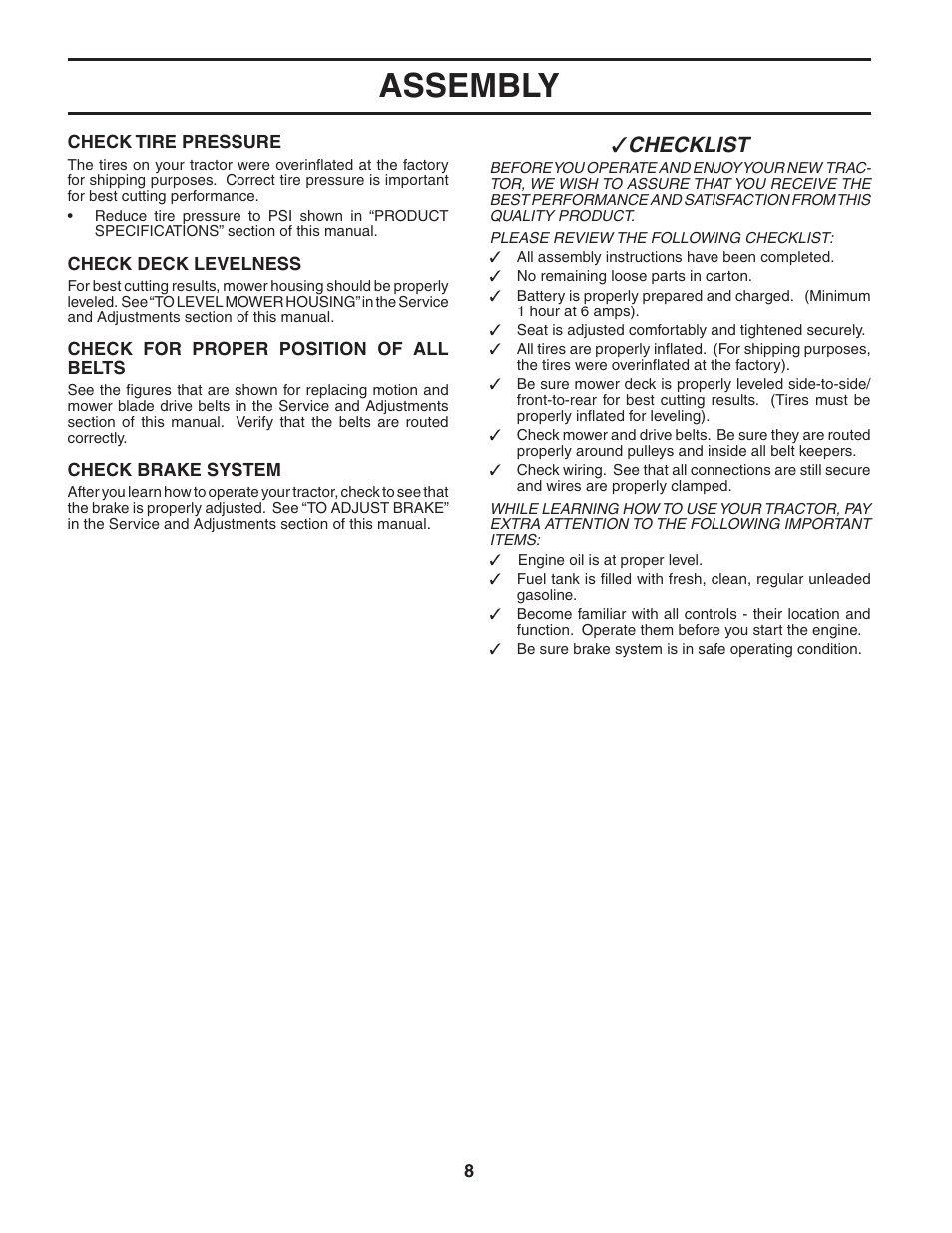 Assembly, Che cklist | Poulan 183981 User Manual | Page 8 / 48