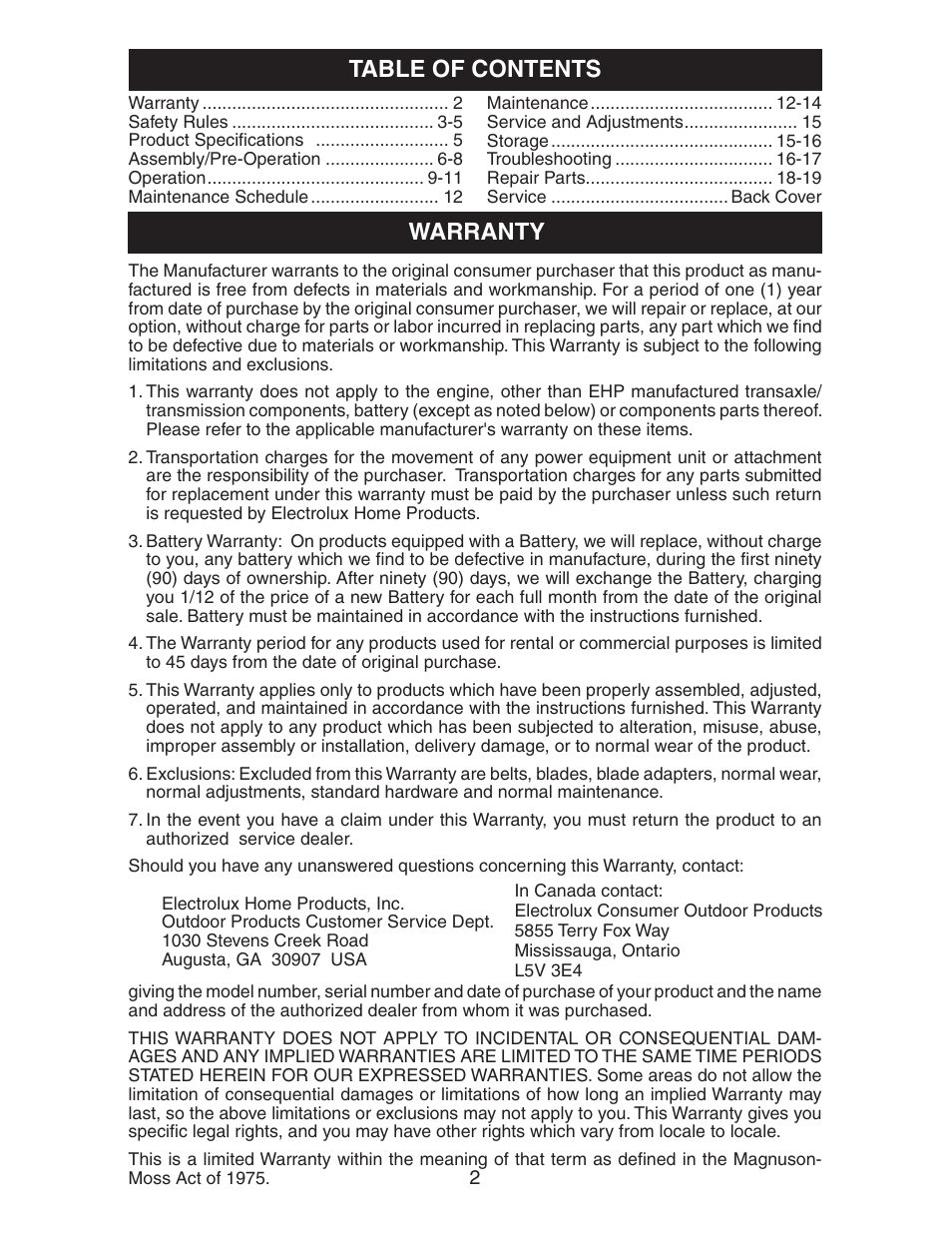 Table of contents warranty | Poulan 20112X92E0 User Manual | Page 2 / 18