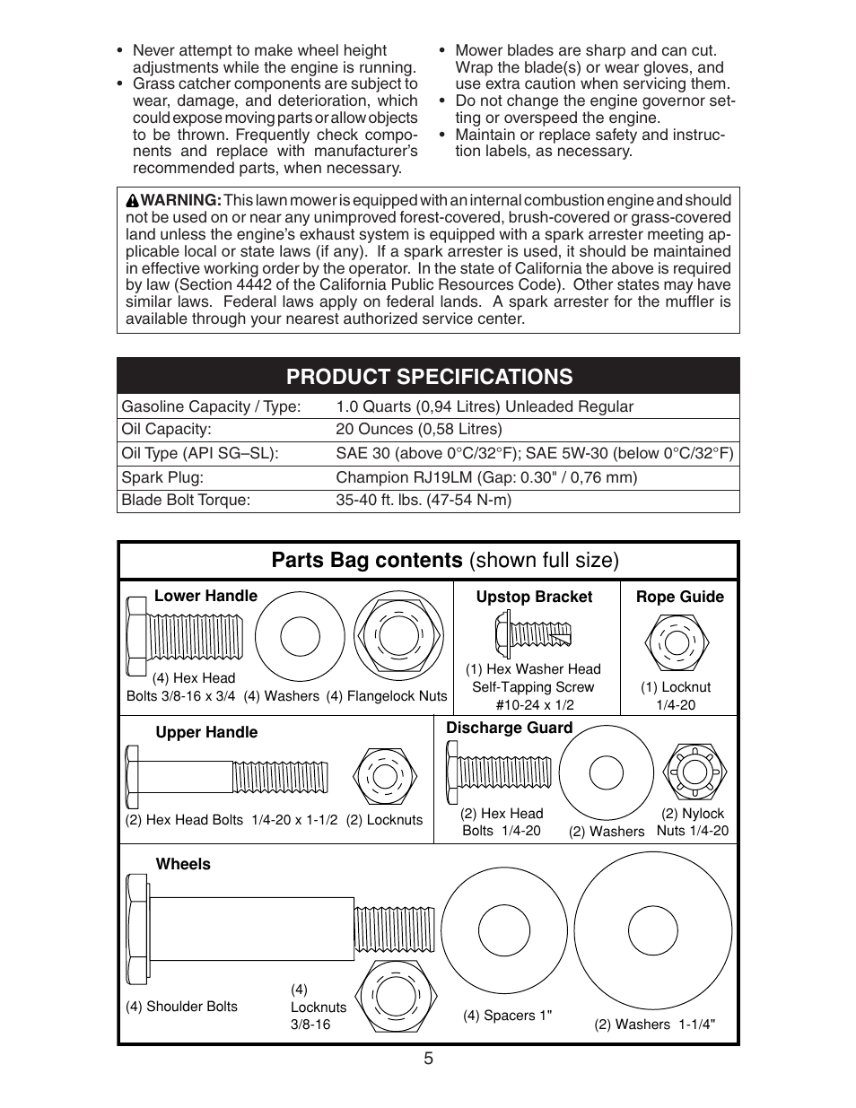 Product specifications, Parts bag contents (shown full size) | Poulan 20112X92E0 User Manual | Page 5 / 18