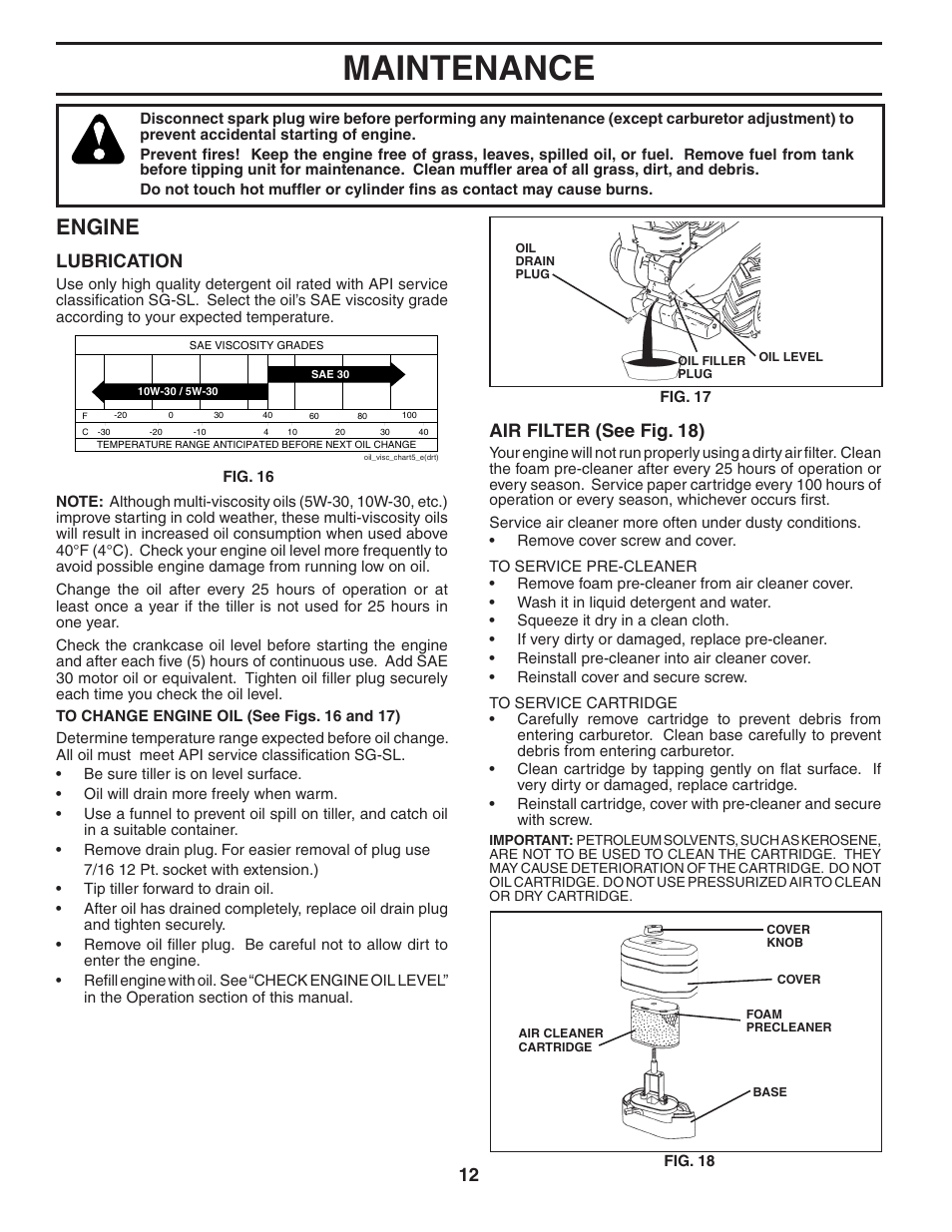 Maintenance, Engine, Lubrication | Air filter (see fig. 18) | Poulan 403701 User Manual | Page 12 / 28