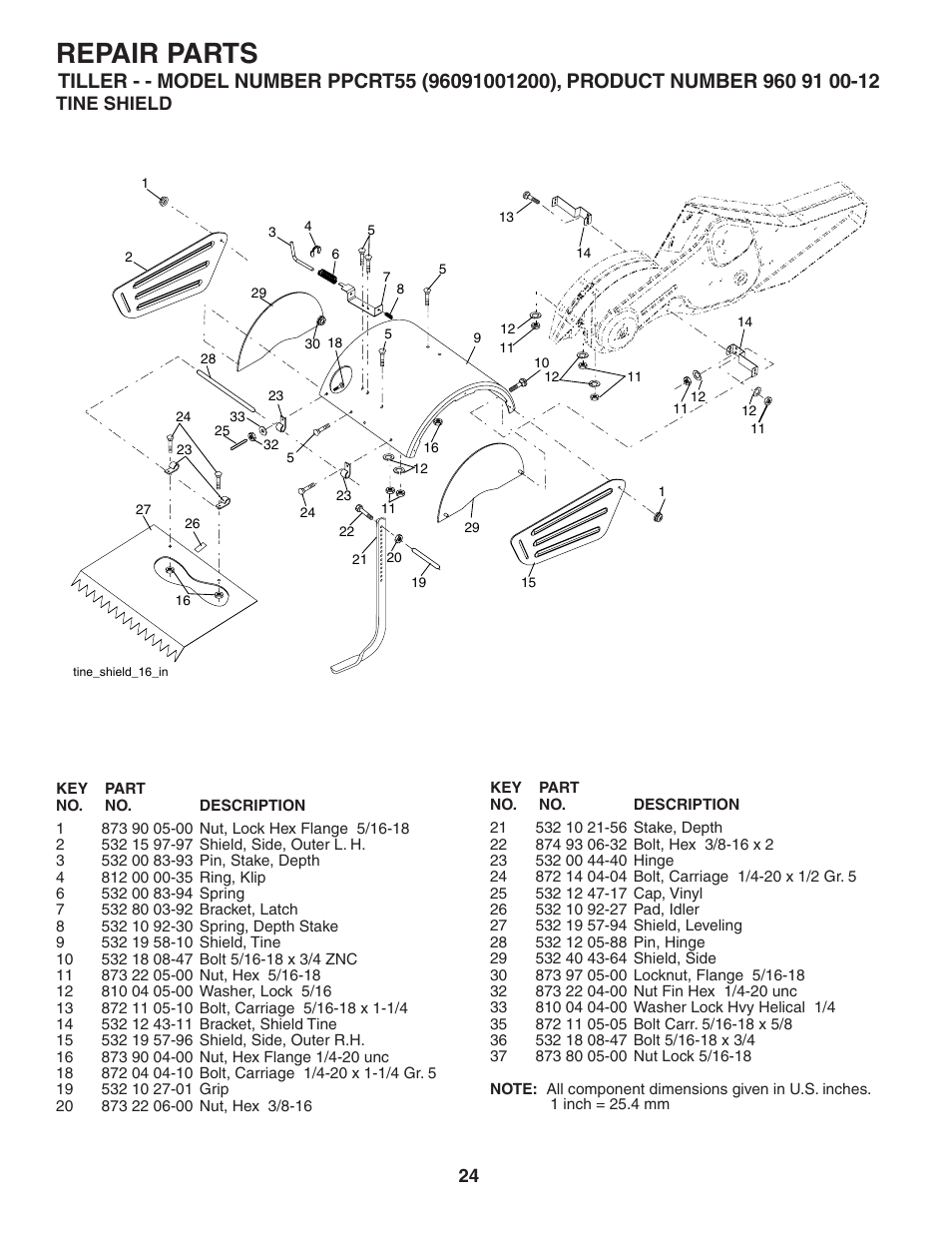 Repair parts, Tine shield | Poulan 403701 User Manual | Page 24 / 28