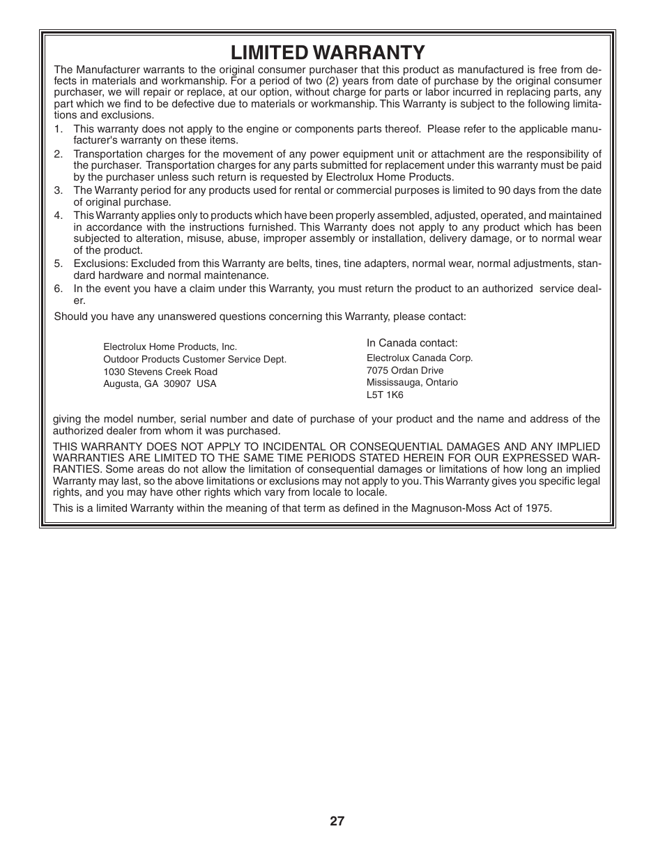 Limited warranty | Poulan 403701 User Manual | Page 27 / 28