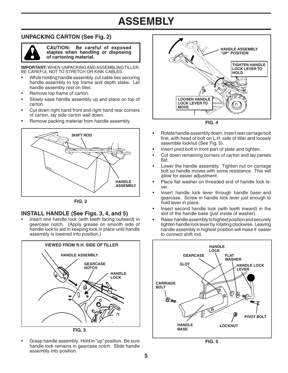 Assembly, Unpacking carton (see fig. 2), Install handle (see figs. 3, 4, and 5) | Poulan 403701 User Manual | Page 5 / 28