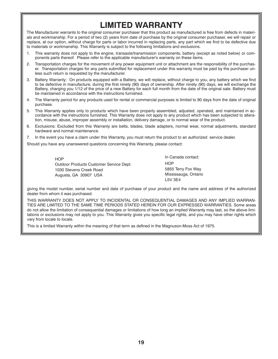 Limited warranty | Poulan XT 96046000800 User Manual | Page 19 / 20