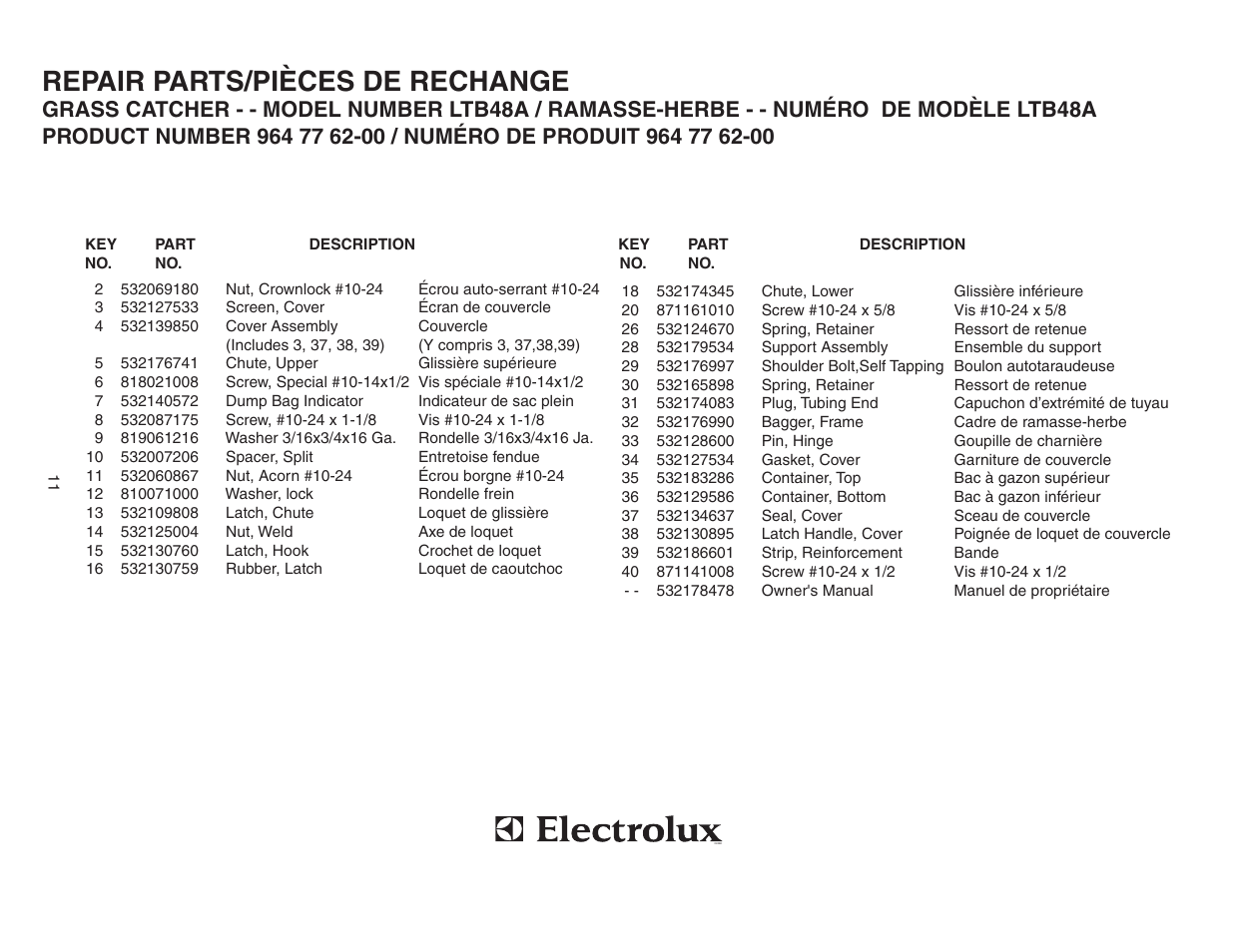 Repair parts/pièces de rechange | Poulan 964 77 62-00 User Manual | Page 11 / 11