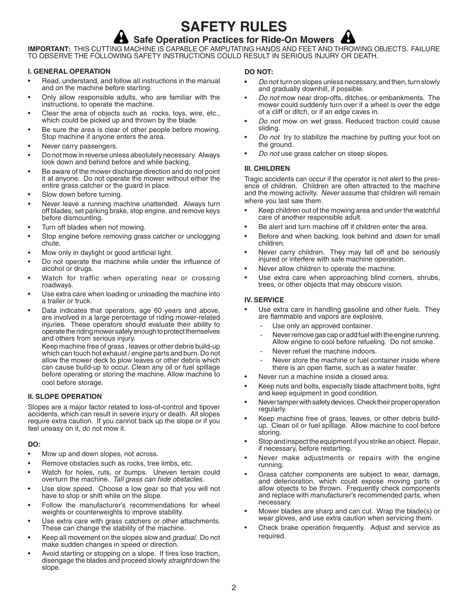 Safety rules, Safe operation practices for ride-on mowers | Poulan 964 77 62-00 User Manual | Page 2 / 11