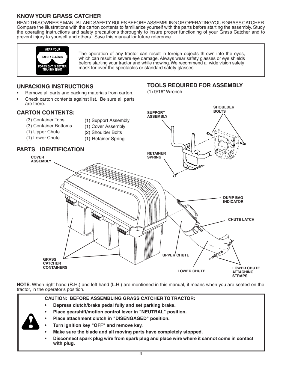 Know your grass catcher, Parts identification, Unpacking instructions | Carton contents, Tools required for assembly | Poulan 964 77 62-00 User Manual | Page 4 / 11