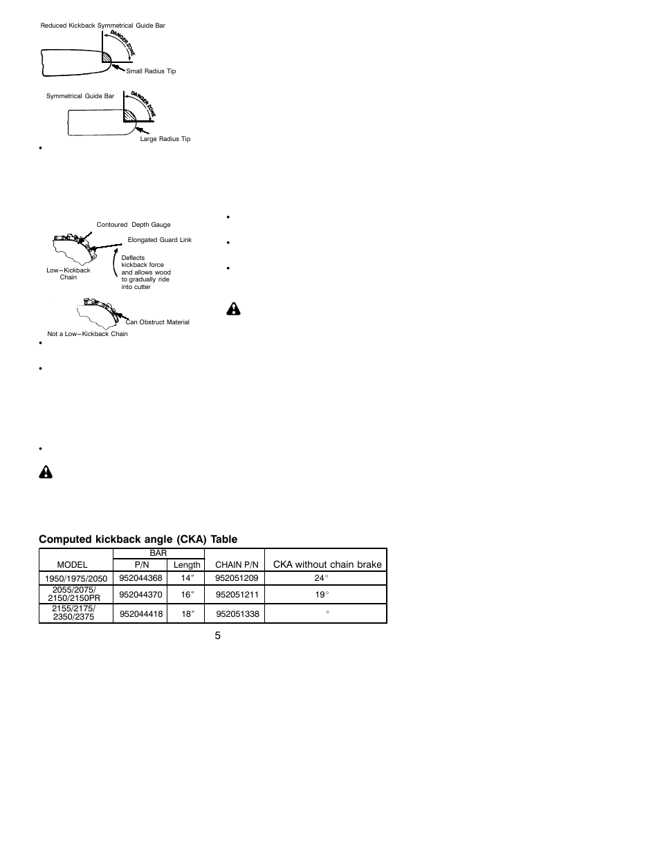 Warning, Computed kickback angle (cka) table | Poulan 530163243 User Manual | Page 5 / 17