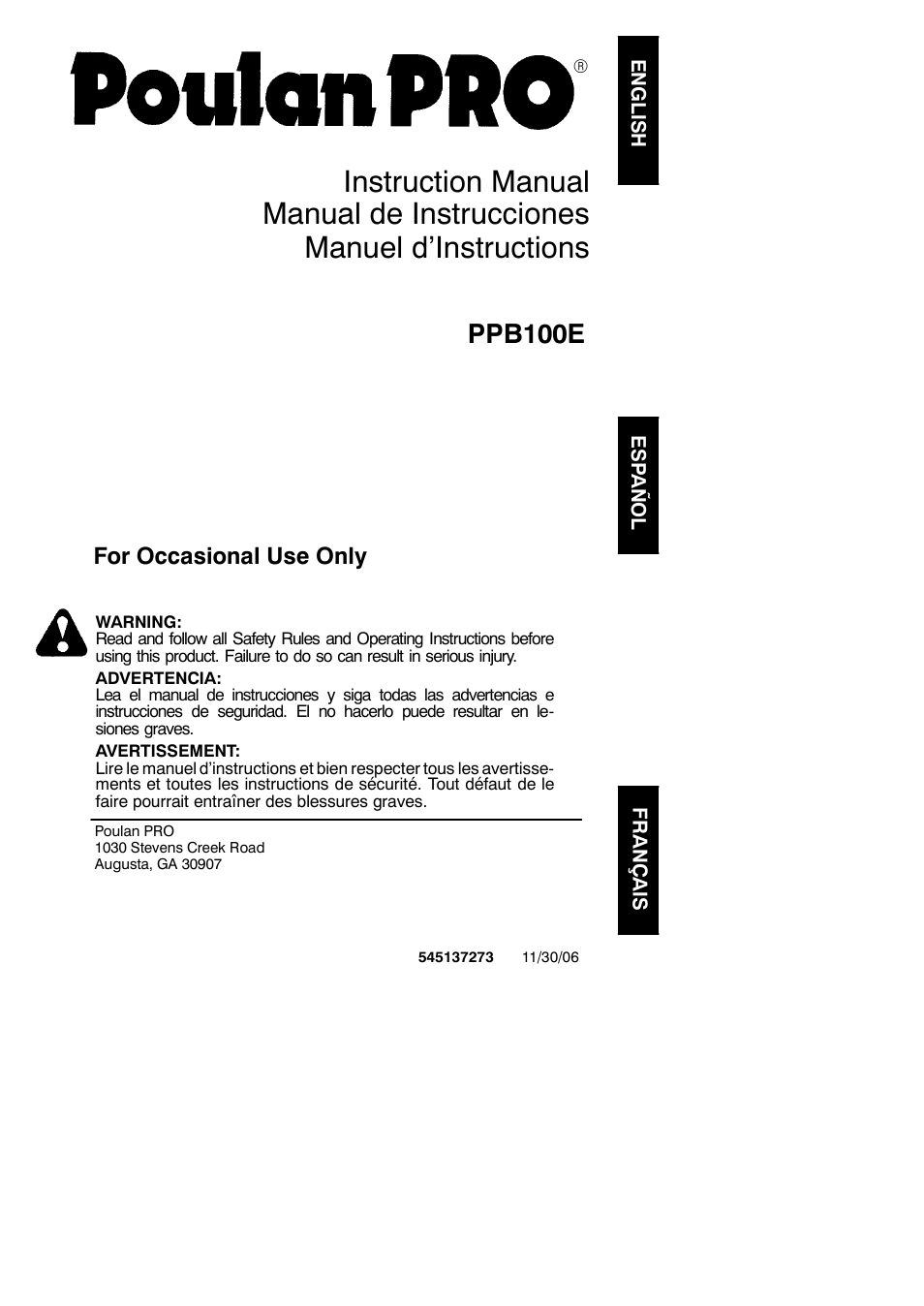 Poulan PPB100E User Manual | 16 pages