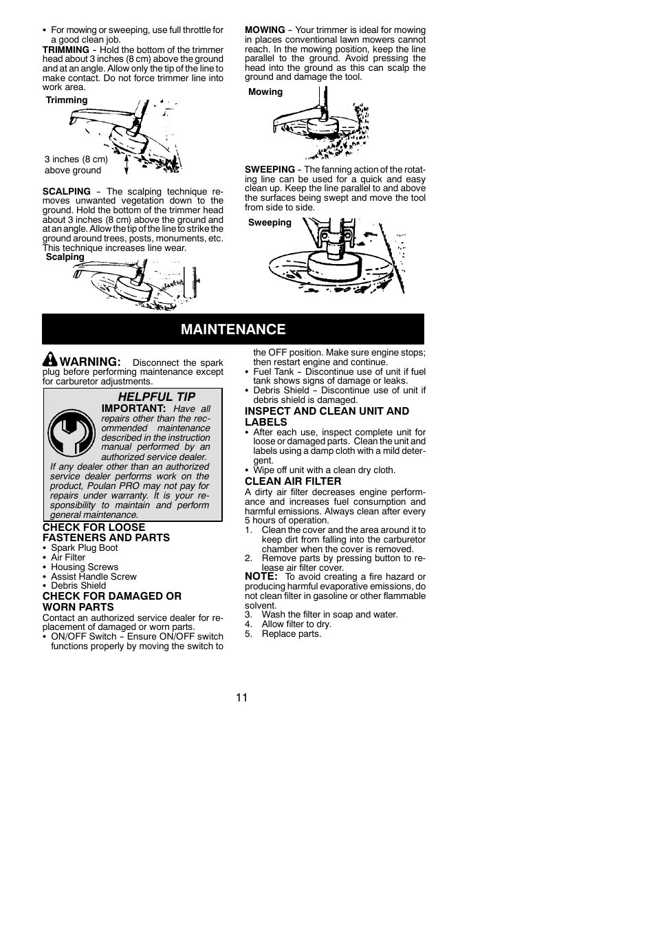 Maintenance, Warning, Helpful tip | Poulan PPB100E User Manual | Page 11 / 16