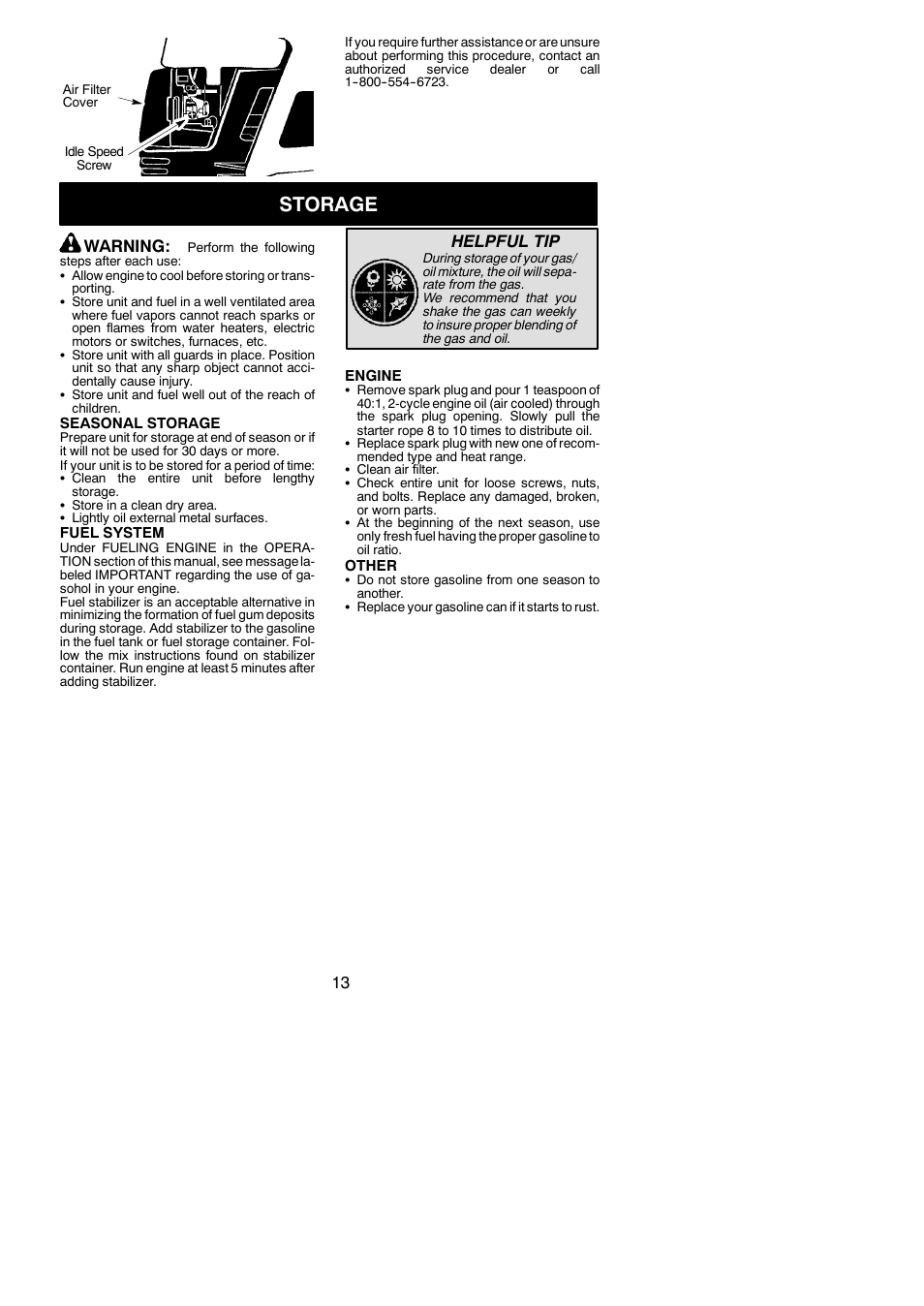Storage, Warning, Helpful tip | Poulan PPB100E User Manual | Page 13 / 16