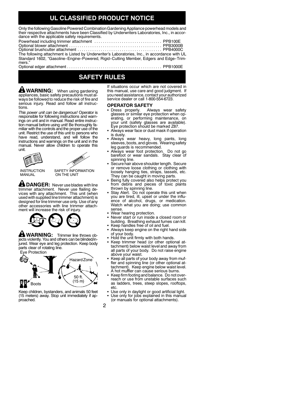 Ul classified product notice, Safety rules, Warning | Danger | Poulan PPB100E User Manual | Page 2 / 16