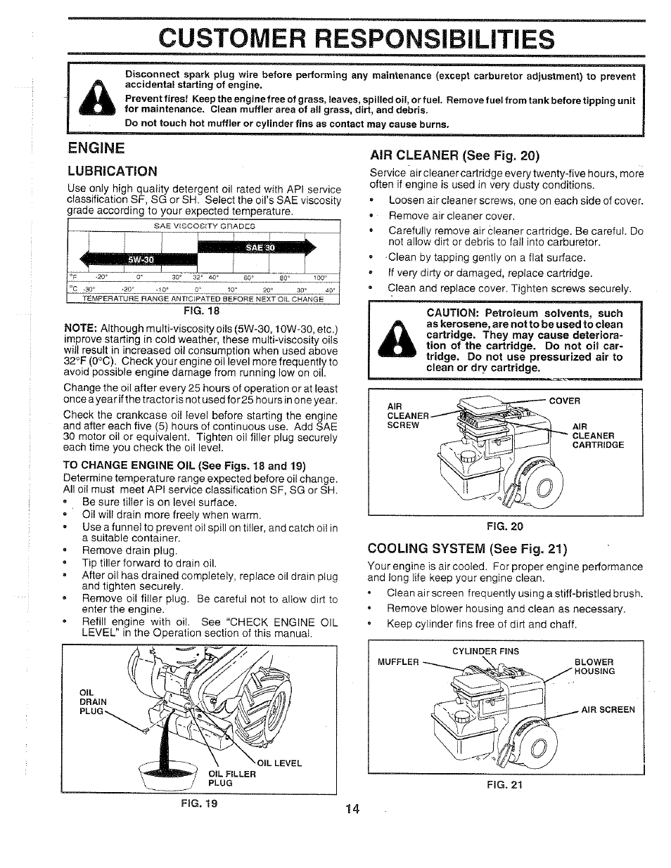 Engine, Lubrication, A3r cleaner (see fig, 20) | Cooling system (see fig. 21), Customer responsibilities, Cooling system, Fig. 21) | Poulan 163661 User Manual | Page 14 / 28