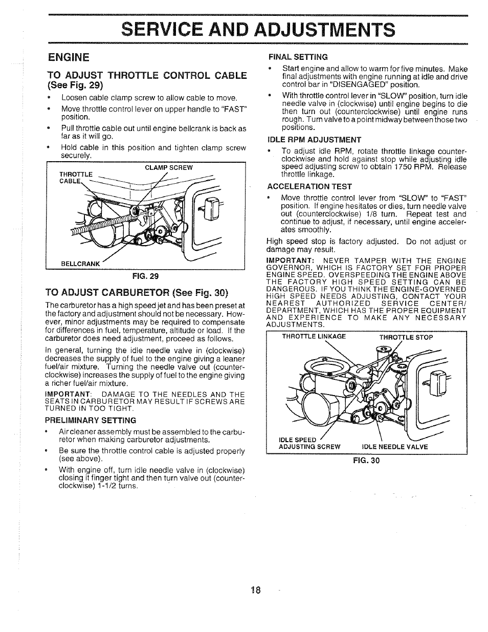 Engine, To adjust throttle control cable, See fig. 29) | To adjust carburetor (see fig. 30), Service and adjustments | Poulan 163661 User Manual | Page 18 / 28