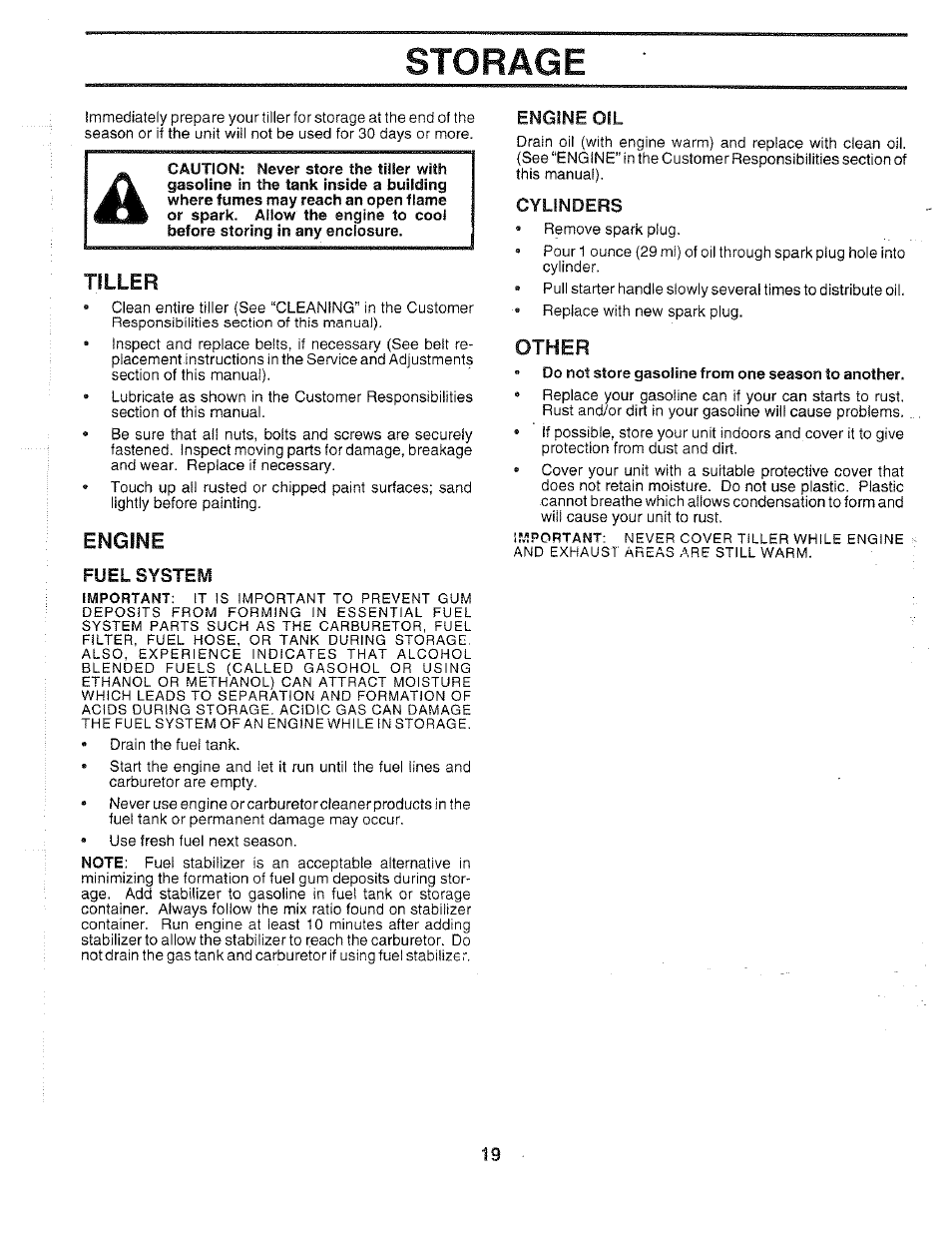 Tiller, Engine, Fuel systey | Engine oil, Cylinders, Other, Fuel system, Ctad | Poulan 163661 User Manual | Page 19 / 28