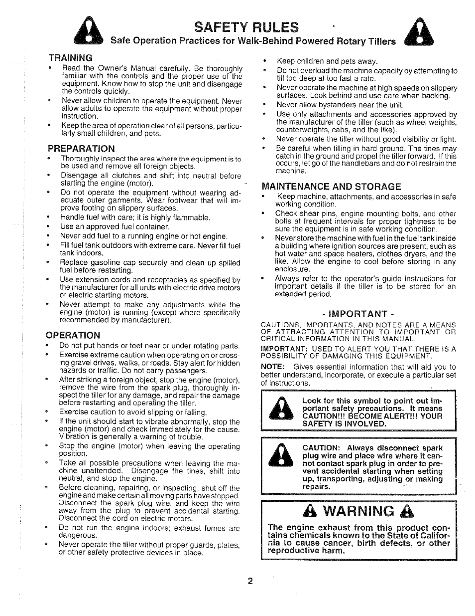 Training, Preparation, Operation | Maintenance and storage, Important, Safety rules | Poulan 163661 User Manual | Page 2 / 28