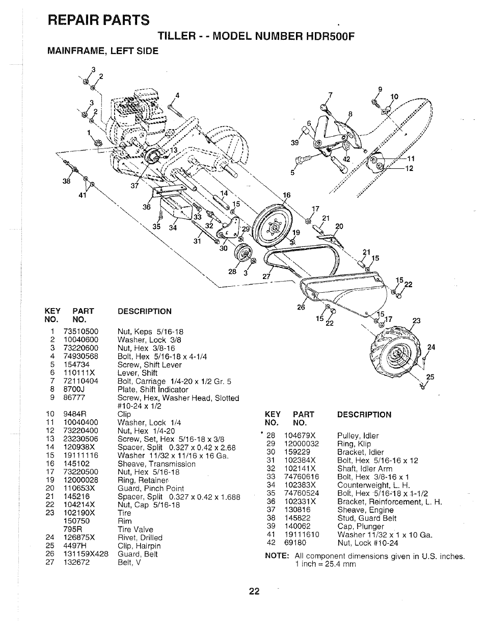 Mainframe, left side, Repair parts, Tiller - - model number hdr500f | Poulan 163661 User Manual | Page 22 / 28