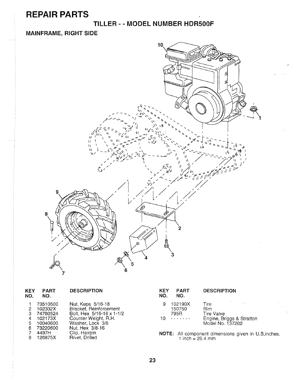 Repair parts, Tiller, Number hdr500f | Poulan 163661 User Manual | Page 23 / 28