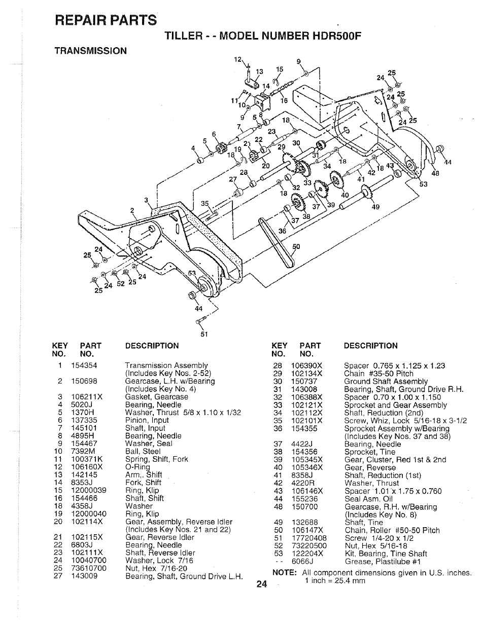 Transmission, Repair parts, Tiller - " model number hdr500f | Poulan 163661 User Manual | Page 24 / 28