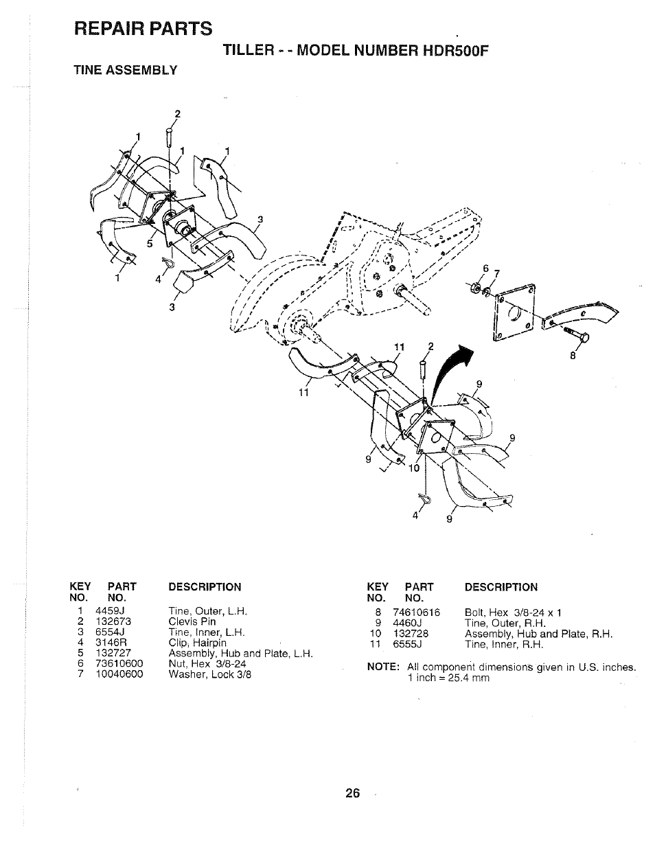Tine assembly, Repair parts, Tiller - - model number hdr500f | Poulan 163661 User Manual | Page 26 / 28