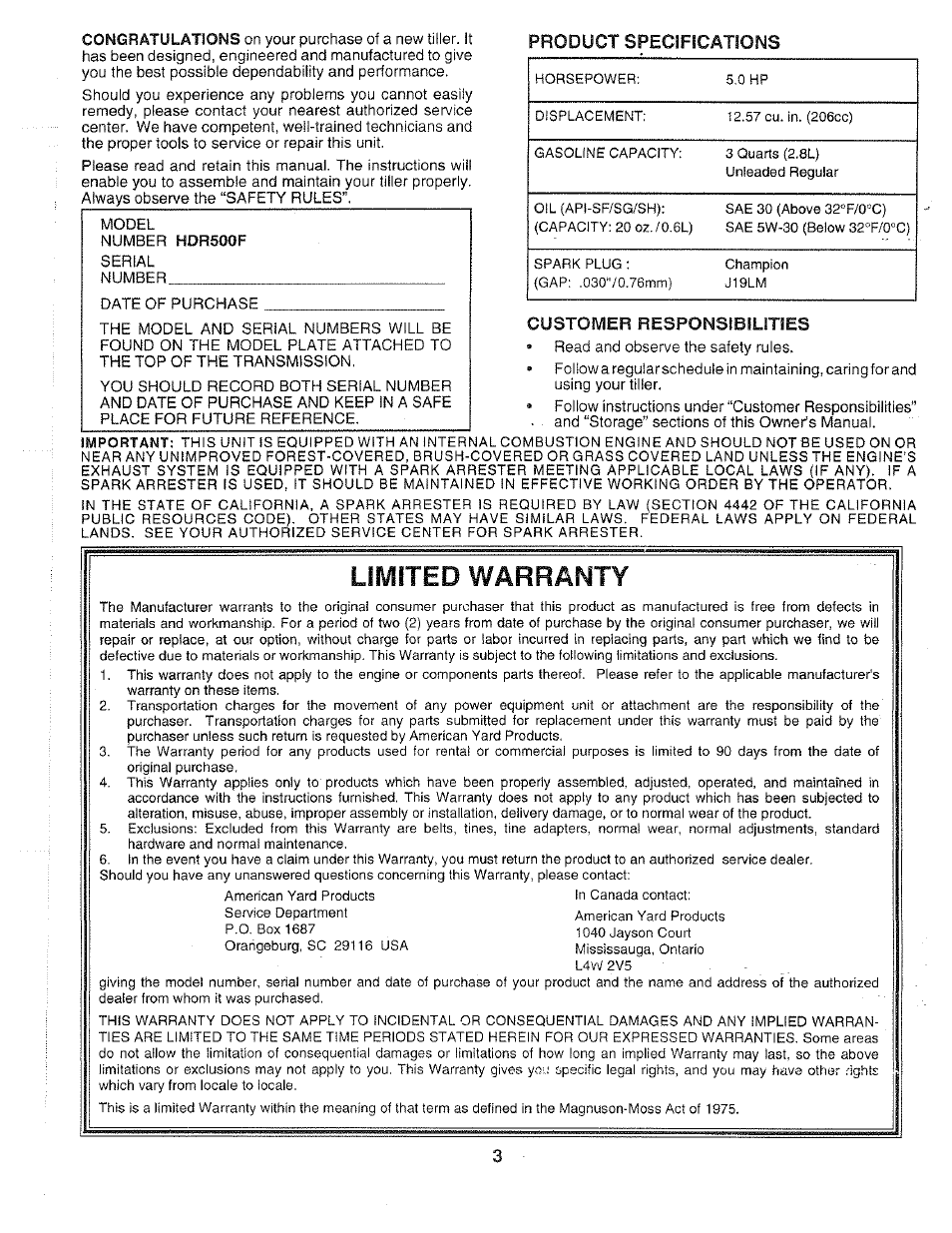 Product specifications, Customer responsibilities, Limited warranty | Poulan 163661 User Manual | Page 3 / 28