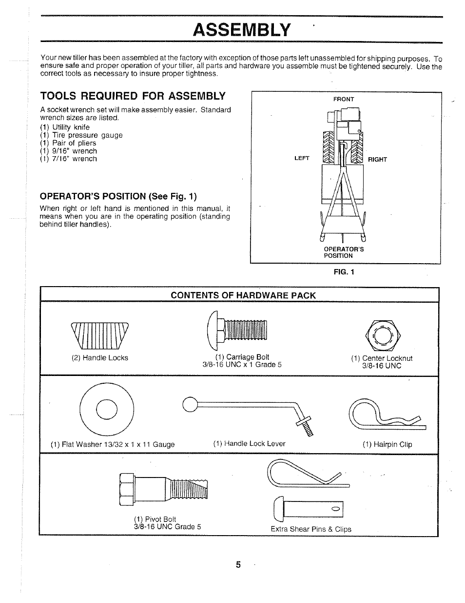 Operator’s position (see fig. 1), Assembly | Poulan 163661 User Manual | Page 5 / 28