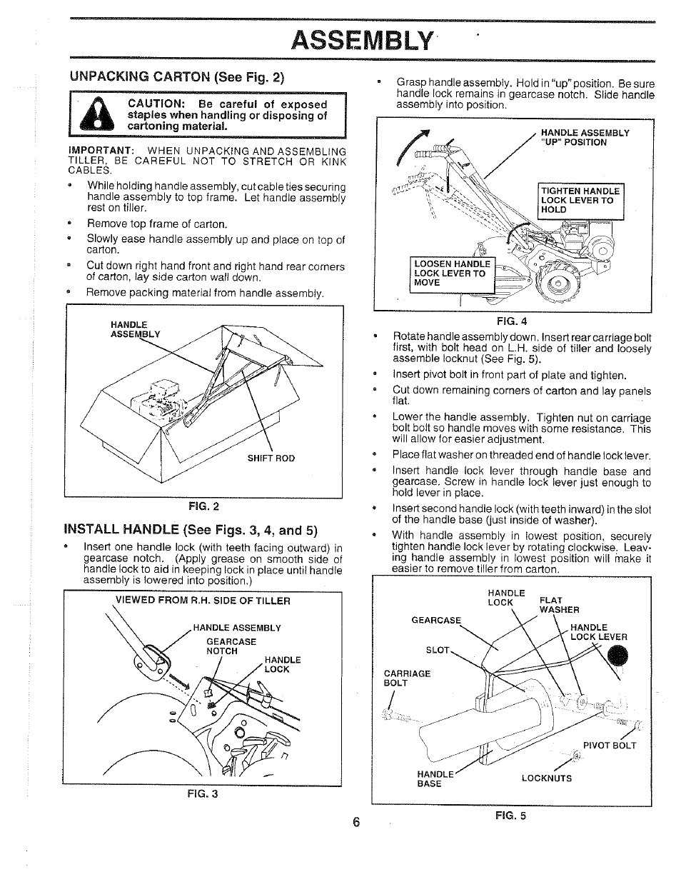 Ünpacking carton (see fig. 2), Install handle (see figs. 3, 4, and 5), Assembly | Poulan 163661 User Manual | Page 6 / 28