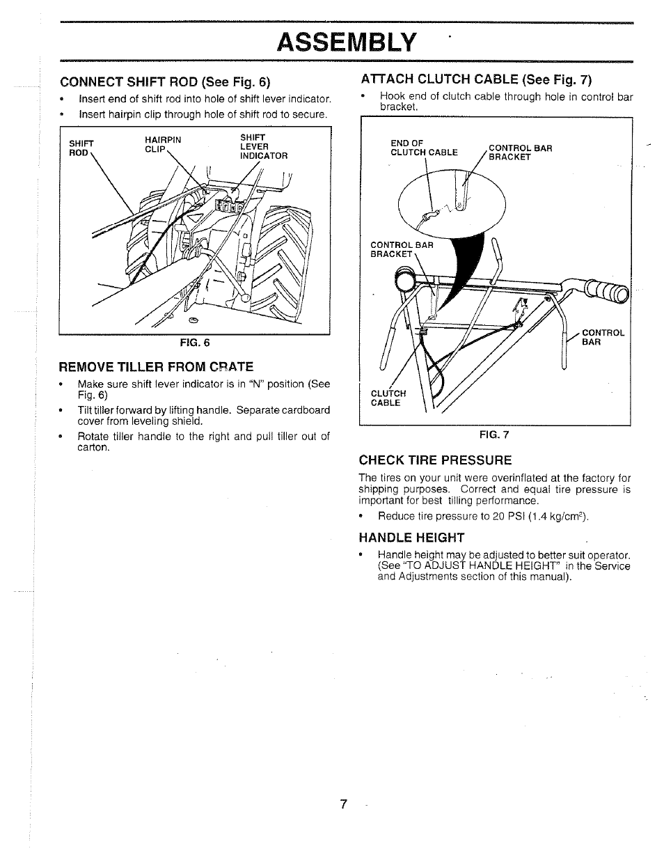 Attach clutch cable (see fig. 7), Check tire pressure, Handle height | Assembly | Poulan 163661 User Manual | Page 7 / 28