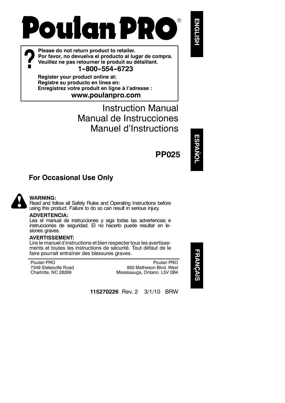 Poulan Pro PP025 User Manual | 18 pages