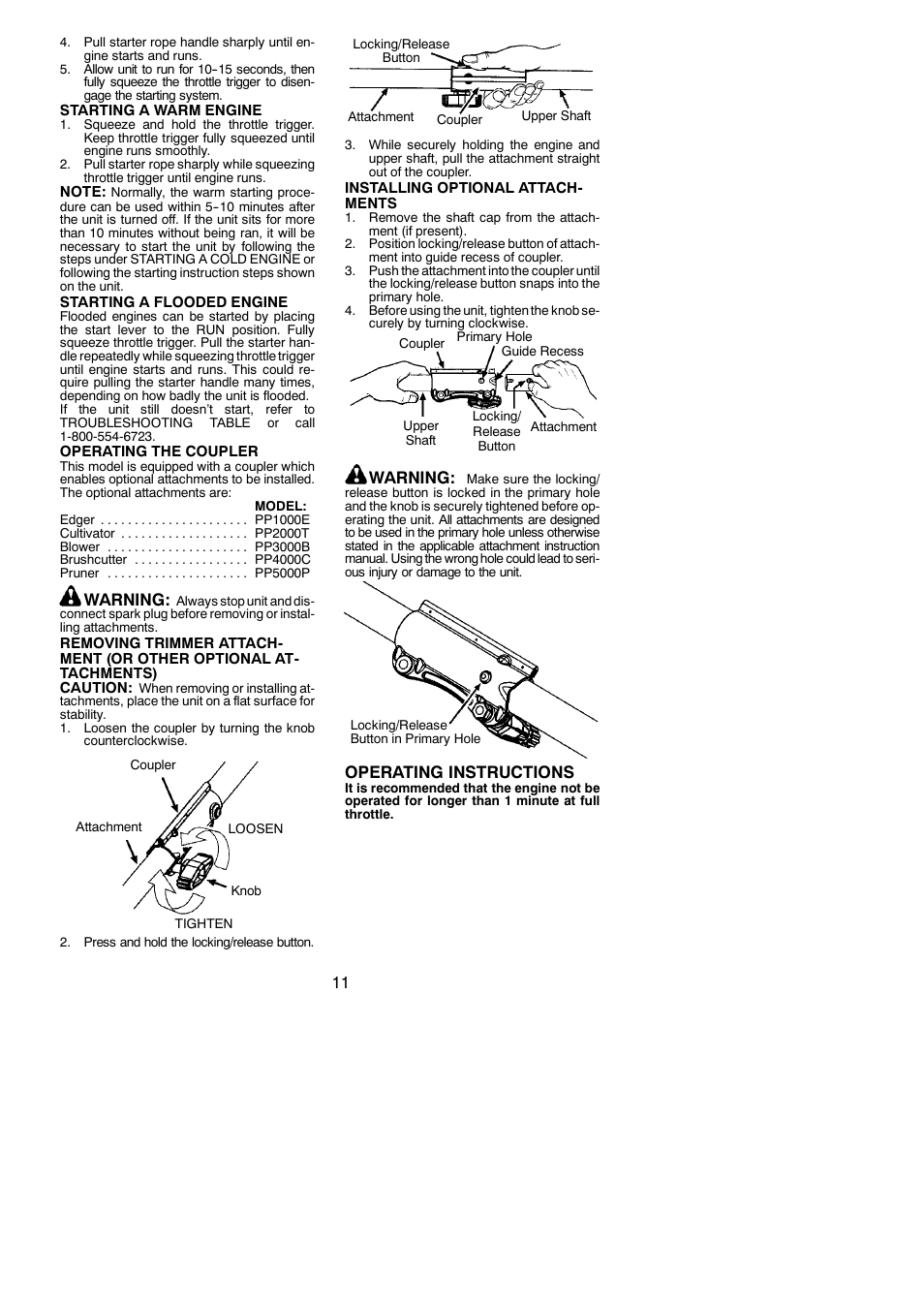 Warning, Operating instructions | Poulan Pro PP025 User Manual | Page 11 / 18