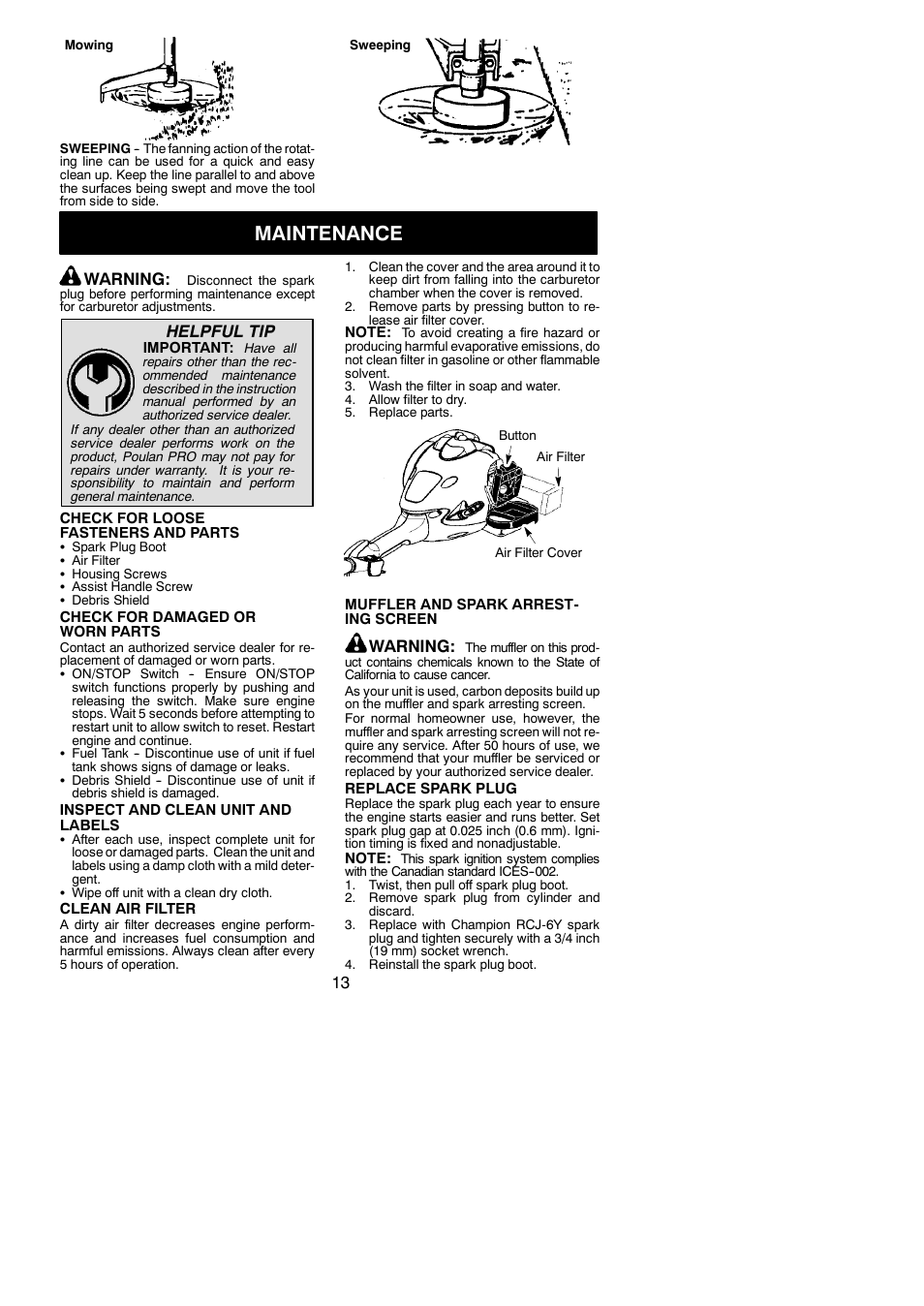 Maintenance, Warning, Helpful tip | Poulan Pro PP025 User Manual | Page 13 / 18