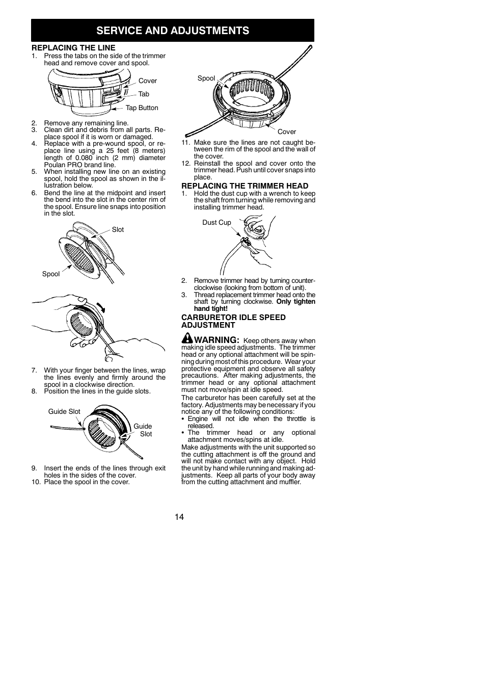 Service and adjustments, Warning | Poulan Pro PP025 User Manual | Page 14 / 18