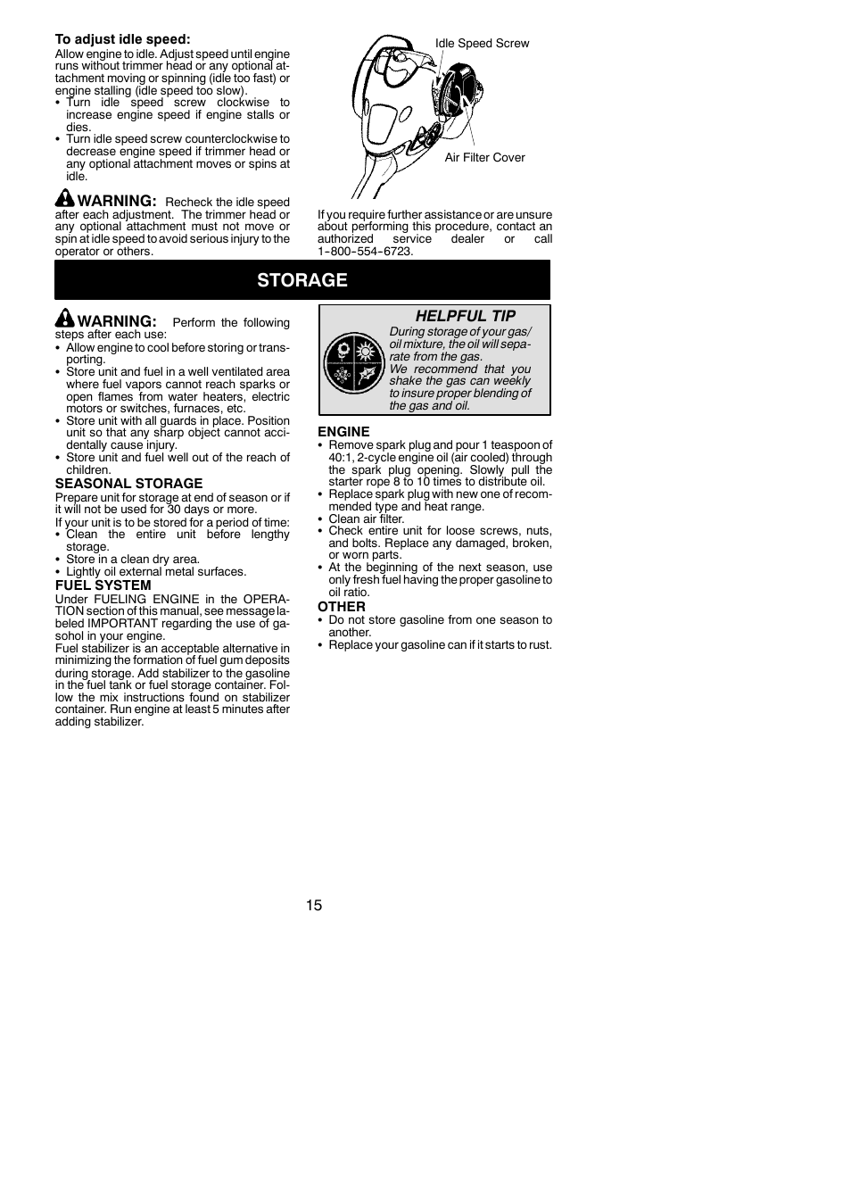 Storage, Warning, Helpful tip | Poulan Pro PP025 User Manual | Page 15 / 18