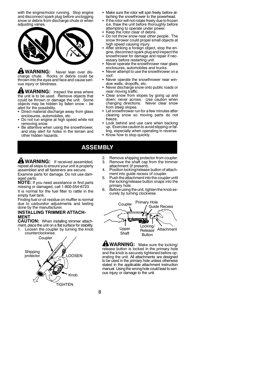 Assembly, Warning | Poulan Pro PP025 User Manual | Page 8 / 18