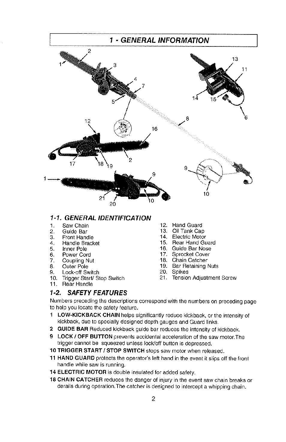 2. safety features | Poulan PLN1510 User Manual | Page 2 / 16