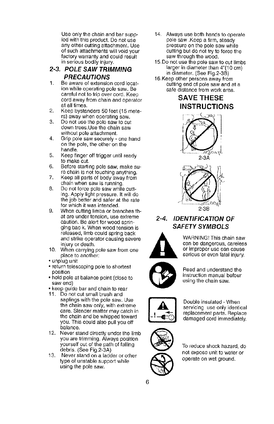 Save these instructions, 3. pole saw trimming precautions | Poulan PLN1510 User Manual | Page 6 / 16