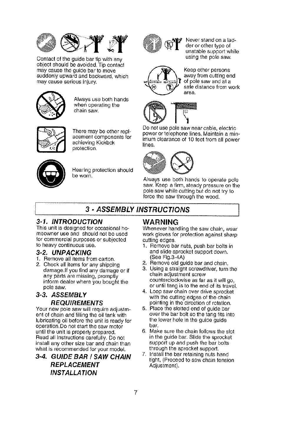 Warning, 3 - assembly instructions 3‘1. introduction, 2. unpacking | 3. assembly requirements | Poulan PLN1510 User Manual | Page 7 / 16