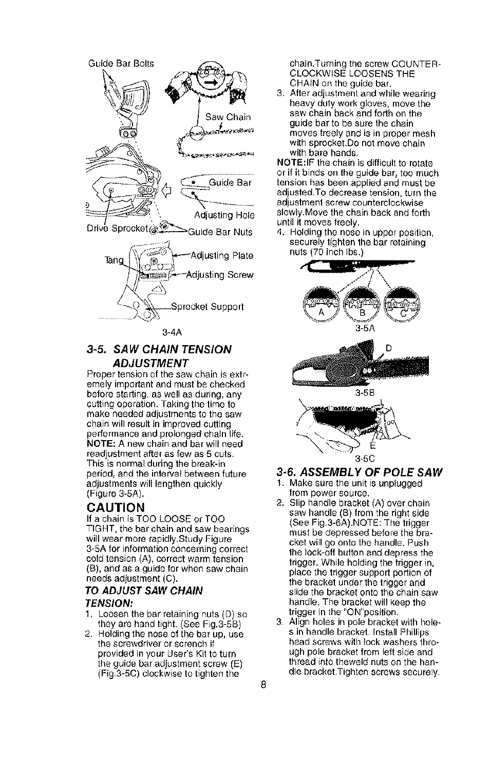 Caution, 5. saw chain tension adjustment, 6. assembly of pole saw | Poulan PLN1510 User Manual | Page 8 / 16