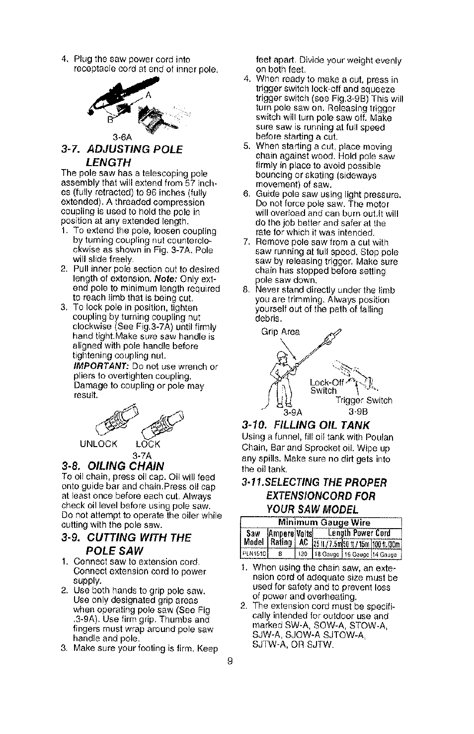 7. adjusting polb length, 8. oiling chain, 9. cutting with the pole saw | 10. filling oiltank | Poulan PLN1510 User Manual | Page 9 / 16