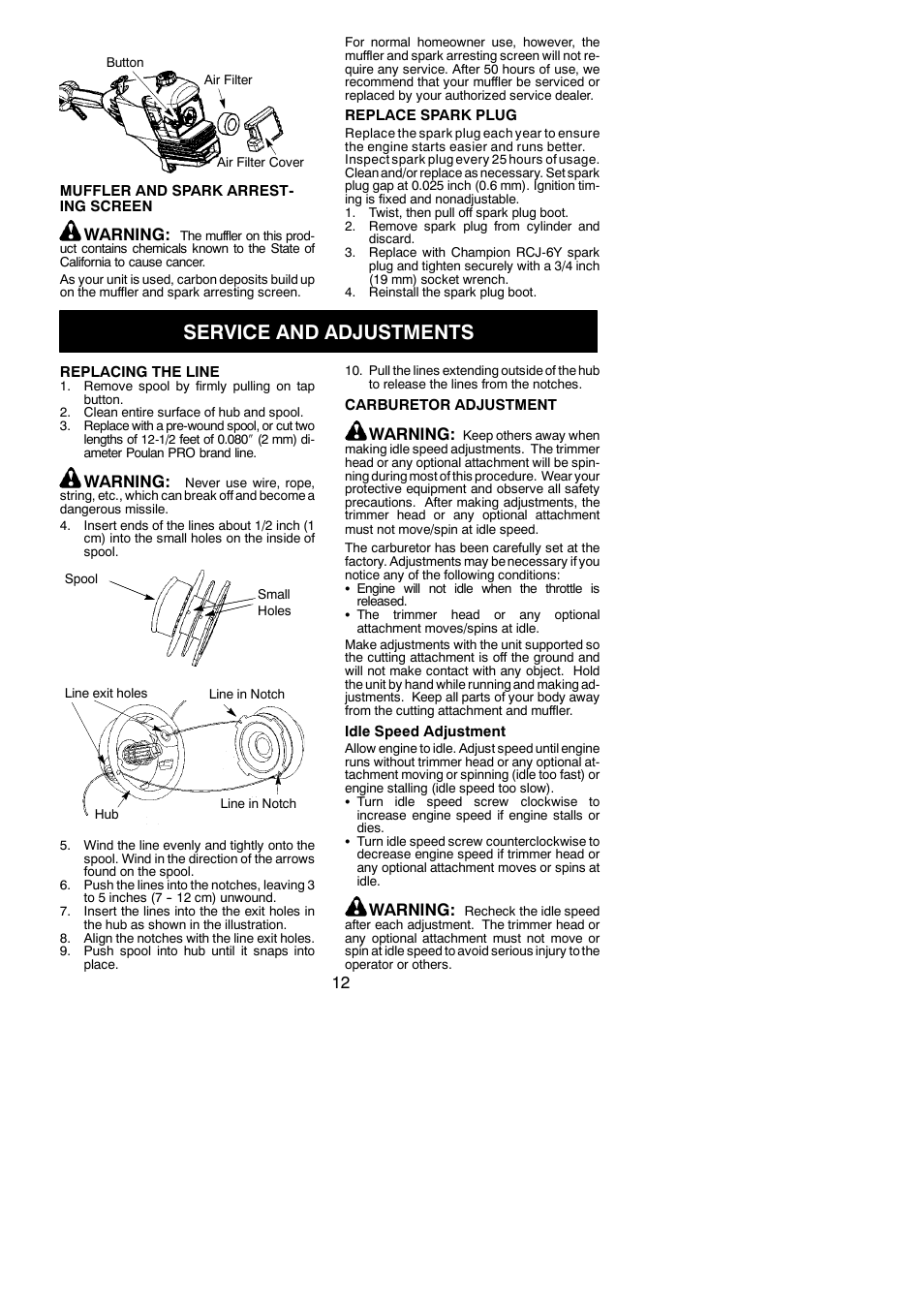 Service and adjustments, Warning | Poulan 545137273 User Manual | Page 12 / 16