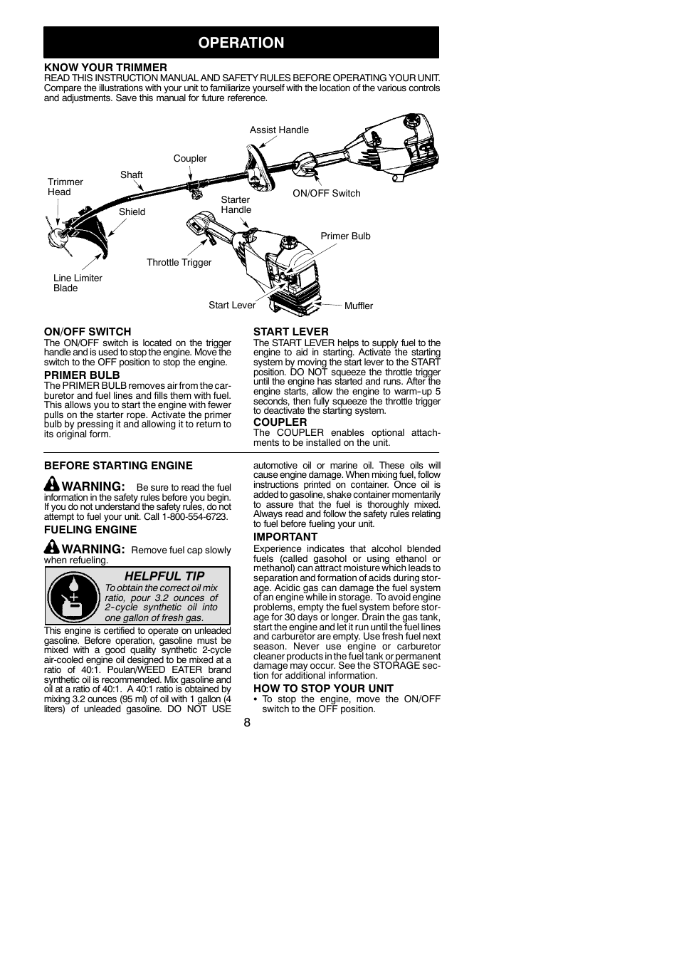 Operation, Warning, Helpful tip | Poulan 545137273 User Manual | Page 8 / 16