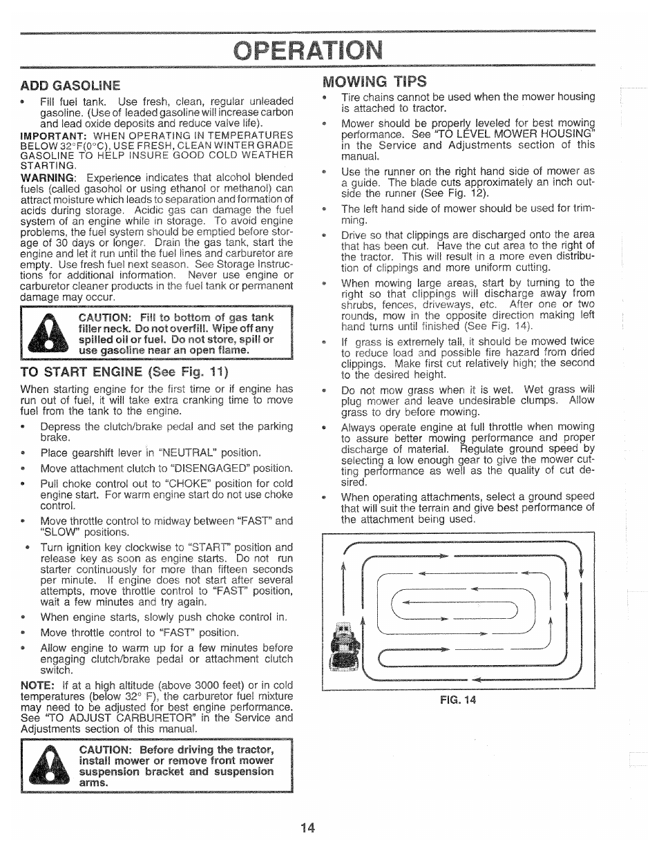 Add gasoune, To start engine (see fig. 11), Mowing tips | Operation | Poulan 139700 User Manual | Page 14 / 48