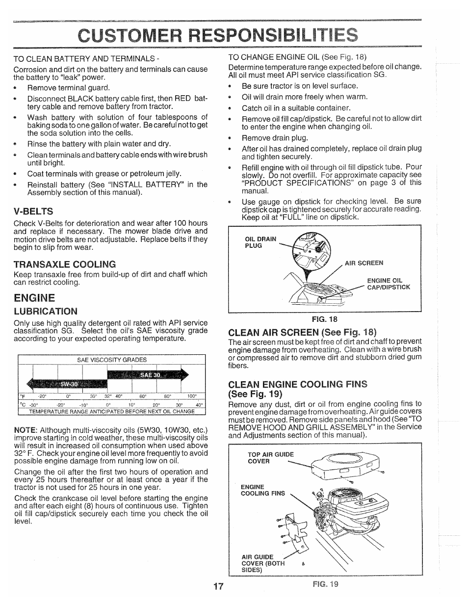 V-belts, Transaxle cooling, Engine | Lubrication, Clean air screen (see fig. 18), Clean engine cooling fins (see fig. 19), Customer responslbllrnfs | Poulan 139700 User Manual | Page 17 / 48