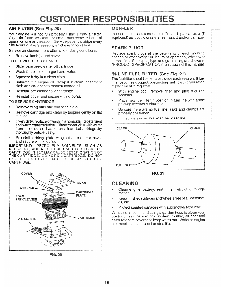 Air filter (see fig. 20), Muffler, Spark plugs | In-line fuel filter (see fig. 21), Cleaning, Spark plug(s), Customer responsibilities | Poulan 139700 User Manual | Page 18 / 48