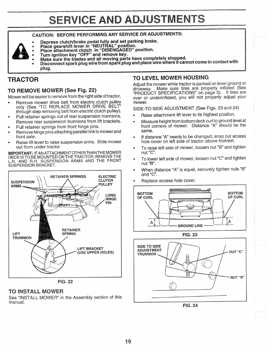 Tractor, To remove mower (see fig. 22), To install mower | To level mower housing, Service and adjustments | Poulan 139700 User Manual | Page 19 / 48