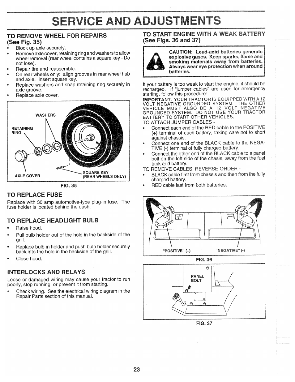 To replace fuse, To replace headlight bulb, Interlocks and relays | Service and adjustments | Poulan 139700 User Manual | Page 23 / 48