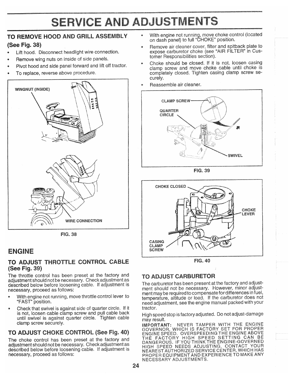 Service and adjustments, Engine | Poulan 139700 User Manual | Page 24 / 48