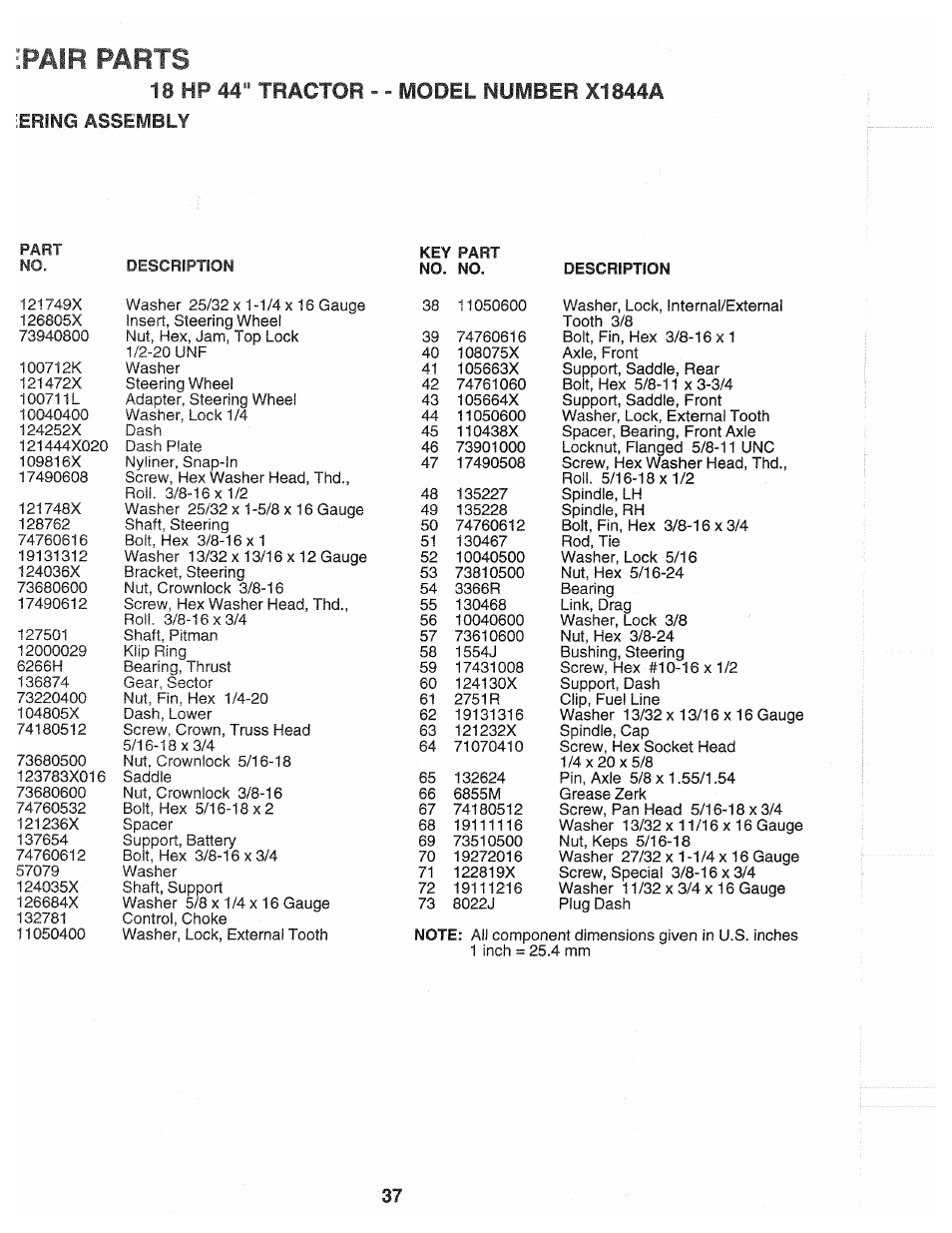 18 hp 44“ tractor, Pair parts, Model number x1844a | Poulan 139700 User Manual | Page 37 / 48