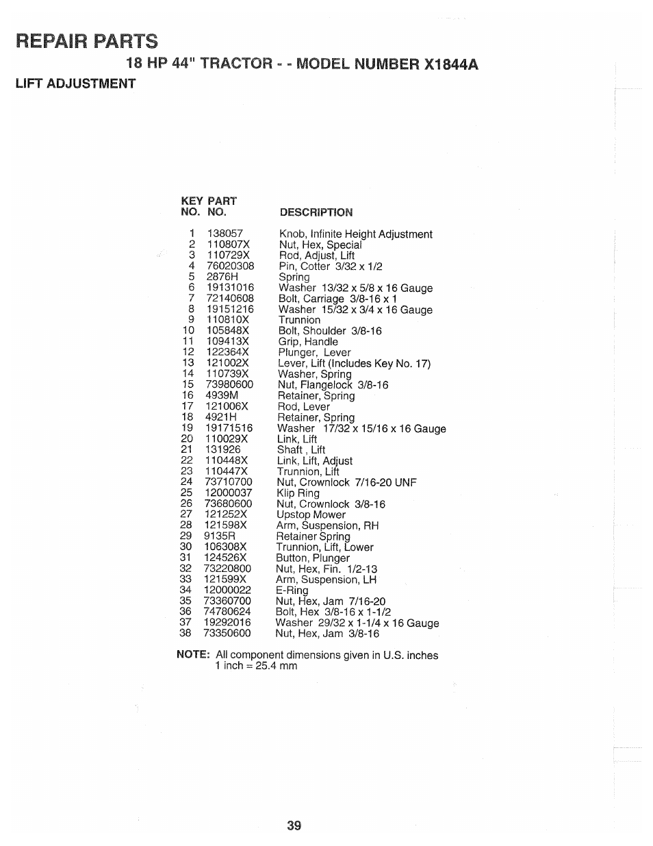 18 hp 44" tractor, Repair parts, Model number x1844a | Poulan 139700 User Manual | Page 39 / 48